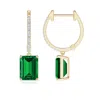 Angara Emerald-cut Lab-grown Emerald Hoop Drop Earrings With Diamonds In Yellow Gold/rich Green