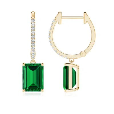 Angara Emerald-cut Lab-grown Emerald Hoop Drop Earrings With Diamonds In Gold
