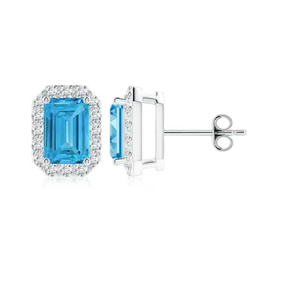 Angara Emerald-cut Lab-grown Fancy Intense Blue Diamond Halo Stud Earrings