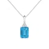 Angara Emerald-cut Lab-grown Fancy Intense Blue Diamond Pendant With Trio Accents In White Gold/fancy Intense