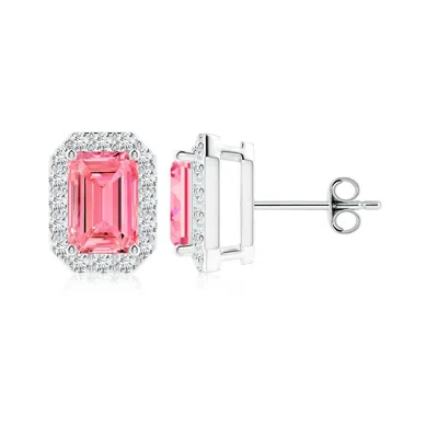 Angara Emerald-cut Lab-grown Fancy Intense Pink Diamond Halo Stud Earrings