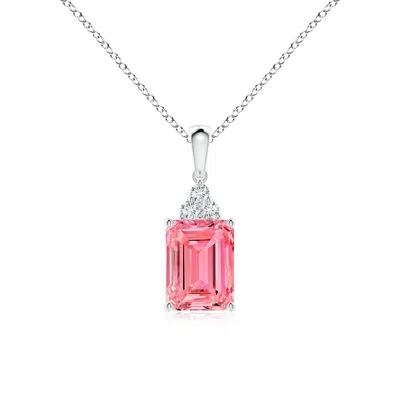 Angara Emerald-cut Lab-grown Fancy Intense Pink Diamond Pendant With Trio Accents In Metallic