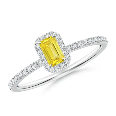 Angara Emerald-cut Lab-grown Fancy Intense Yellow Diamond Halo Engagement Ring In Metallic
