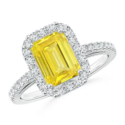Angara Emerald-cut Lab-grown Fancy Intense Yellow Diamond Halo Ring In Metallic