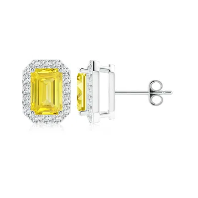 Angara Emerald-cut Lab-grown Fancy Intense Yellow Diamond Halo Stud Earrings