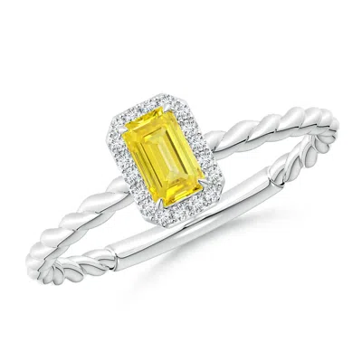 Angara Emerald-cut Lab-grown Fancy Intense Yellow Diamond Halo Twisted Shank Engagement Ring In Metallic