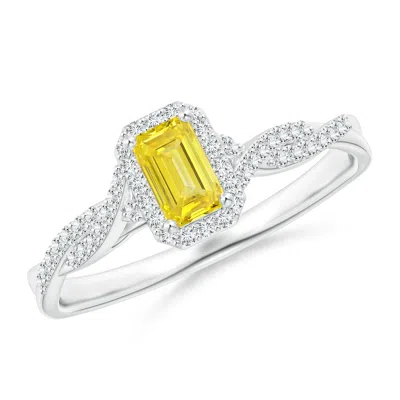 Angara Emerald-cut Lab-grown Fancy Intense Yellow Diamond Halo Twisted Shank Ring In Metallic