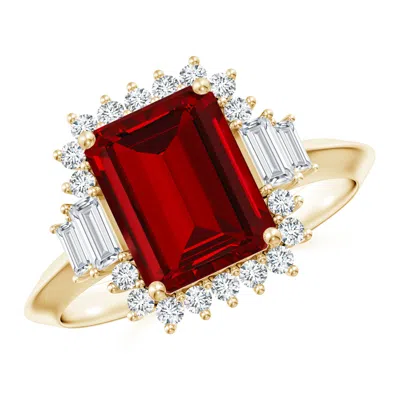 Angara Emerald-cut Lab-grown Ruby Halo Knife-edge Shank Engagement Ring In White