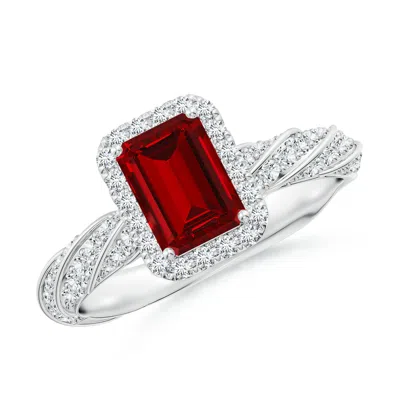 Angara Emerald-cut Lab-grown Ruby Halo Twisted Rope Shank Engagement Ring In Red