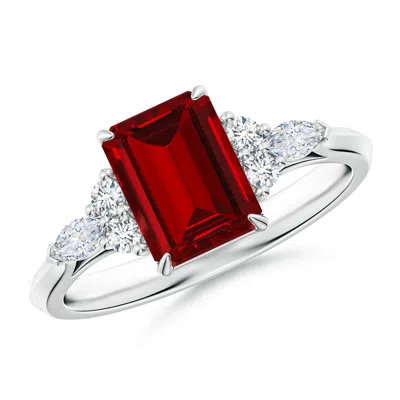 Angara Emerald-cut Lab-grown Ruby Side Stone Engagement Ring With Diamonds In Metallic