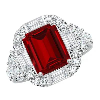 Angara Emerald-cut Lab-grown Ruby Unique Halo Engagement Ring With Accents In Red