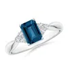 Angara Emerald-cut London Blue Topaz Ring With Trio Diamonds In White Gold/greenish Blue
