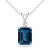 Angara Emerald-cut London Blue Topaz Solitaire Pendant With Diamond In White Gold/deep Greenish Blue