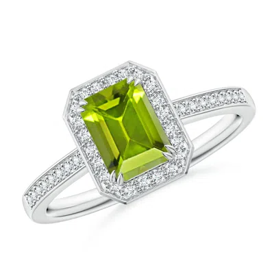 Angara Emerald-cut Peridot Engagement Ring With Diamond Halo In Green