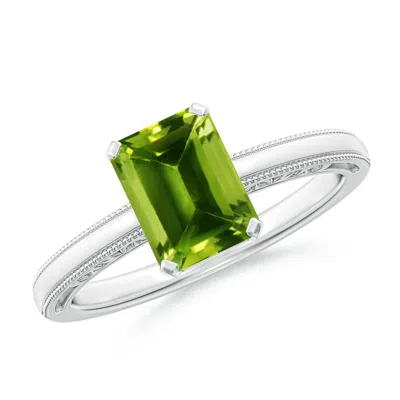 Angara Emerald Cut Peridot Solitaire Ring With Milgrain In Green
