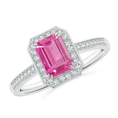 Angara Emerald-cut Pink Sapphire Engagement Ring With Diamond Halo In Platinum/medium Pink