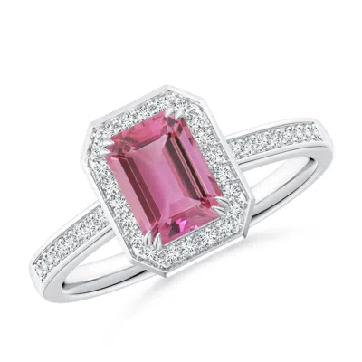 Angara Emerald-cut Pink Tourmaline Engagement Ring With Diamond Halo In White Gold/medium Pink