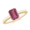 Angara Emerald Cut Pink Tourmaline Solitaire Ring With Milgrain In Yellow Gold/rich Pink