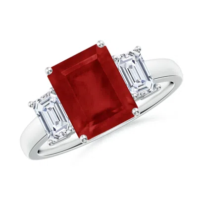 Angara Emerald-cut Ruby And Diamond Three Stone Ring In Metallic