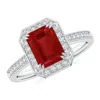 Angara Emerald-cut Ruby Engagement Ring With Diamond Halo In White Gold/medium Pinkish Red