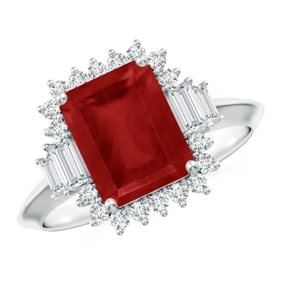 Angara Emerald-cut Ruby Halo Knife-edge Shank Engagement Ring In Red