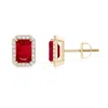 Angara Emerald-cut Ruby Stud Earrings With Diamond Halo In Yellow Gold/medium Red
