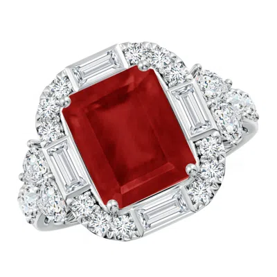 Angara Emerald-cut Ruby Unique Halo Engagement Ring With Accents In Red