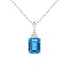 Angara Emerald-cut Swiss Blue Topaz Pendant With Diamond Trio In White Gold/swiss Blue