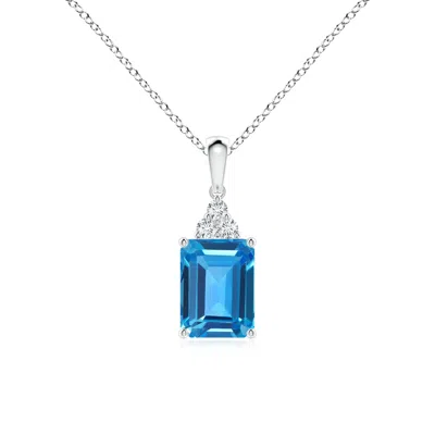 Angara Emerald-cut Swiss Blue Topaz Pendant With Diamond Trio In Metallic