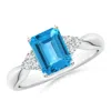 Angara Emerald-cut Swiss Blue Topaz Ring With Trio Diamonds In White Gold/light Swiss Blue