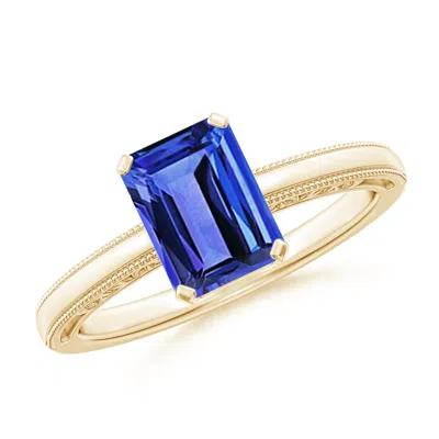 Angara Emerald Cut Tanzanite Solitaire Ring With Milgrain In Blue