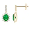 Angara Emerald Dangle Earrings With Floral Diamond Halo In Yellow Gold/rich Medium Green