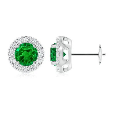 Angara Emerald Stud Earrings With Bar-set Diamond Halo In Metallic