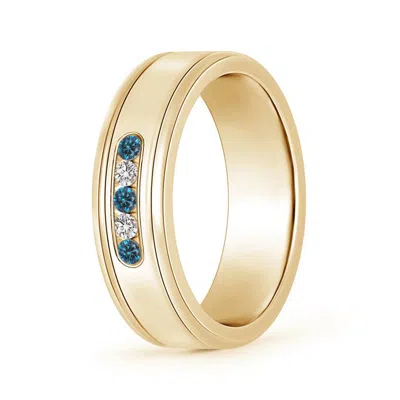 Angara Enhanced Blue And White Diamond Five Stone Grooved Wedding Ring In Yellow Gold/teal Blue