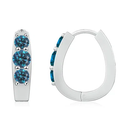 Angara Enhanced Blue Diamond Three Stone Hoop Earrings
