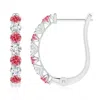 Angara Fancy Intense Pink And White Diamond Huggie Hoop Earrings In White Gold/fancy Intense