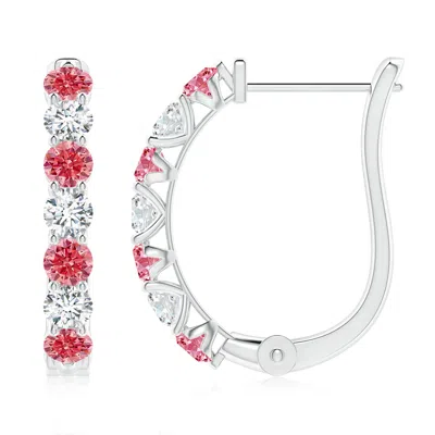 Angara Fancy Intense Pink And White Diamond Huggie Hoop Earrings
