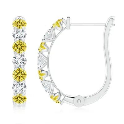 Angara Fancy Intense Yellow And White Diamond Huggie Hoop Earrings In Green