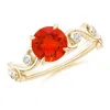 Angara Fire Opal And Diamond Ivy Scroll Ring In Yellow Gold/orangish Bright Red