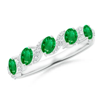 Angara Five Stone Oval Emerald Swirl Ring With Diamonds In Metallic
