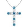 Angara Flat Prong-set Fancy Intense Blue And White Diamond Cross Pendant In White Gold/fancy Intense