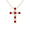Angara Flat Prong-set Ruby And Diamond Cross Pendant In Yellow Gold/medium Red
