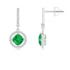 Angara Floating Cushion Emerald And Diamond Halo Drop Earrings In White Gold/rich Medium Green