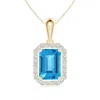 Angara Floating Emerald-cut Swiss Blue Topaz Halo Pendant In Yellow Gold/light Swiss Blue