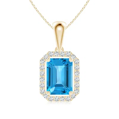 Angara Floating Emerald-cut Swiss Blue Topaz Halo Pendant