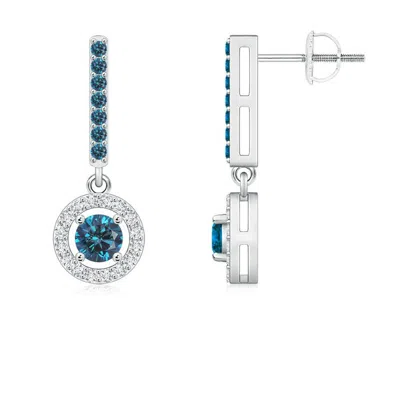 Angara Floating Round Enhanced Blue Diamond Halo Drop Earrings