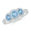 Angara Floating Three Stone Aquamarine Ring With Diamond Halo In White Gold/swiss Blue