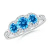 Angara Floating Three Stone Swiss Blue Topaz Ring With Diamond Halo In White Gold/swiss Blue
