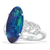 Angara Gia Certified Black Opal Ring With Leaf Motifs In White Gold/black, Dark Grey & Blue Color With High Play Of Colour