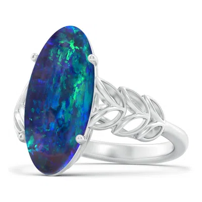Angara Gia Certified Black Opal Ring With Leaf Motifs In Blue
